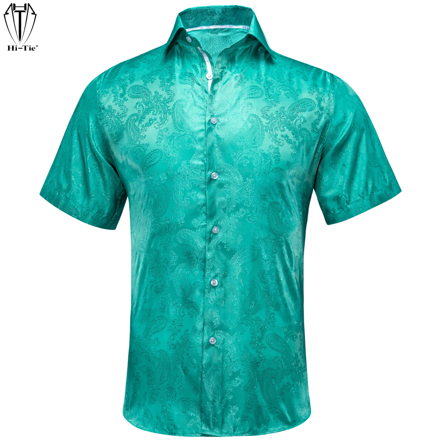 

Hi-Tie Short Sleeves Teal Mens Shirts Jacquard Silk Paisley Spring Summer Hawaiian Shirt For Male Clothing Wedding Business Gift