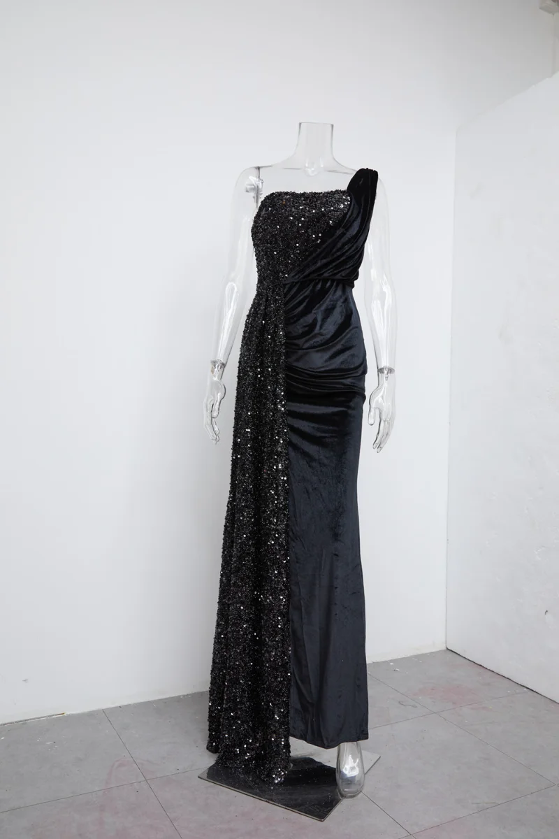 

2023 new Black Sequin Velvet High Slit One Shoulder Maxi Dresses Cocktail Party Women Elegant Evening Dress Prom Formal Dress