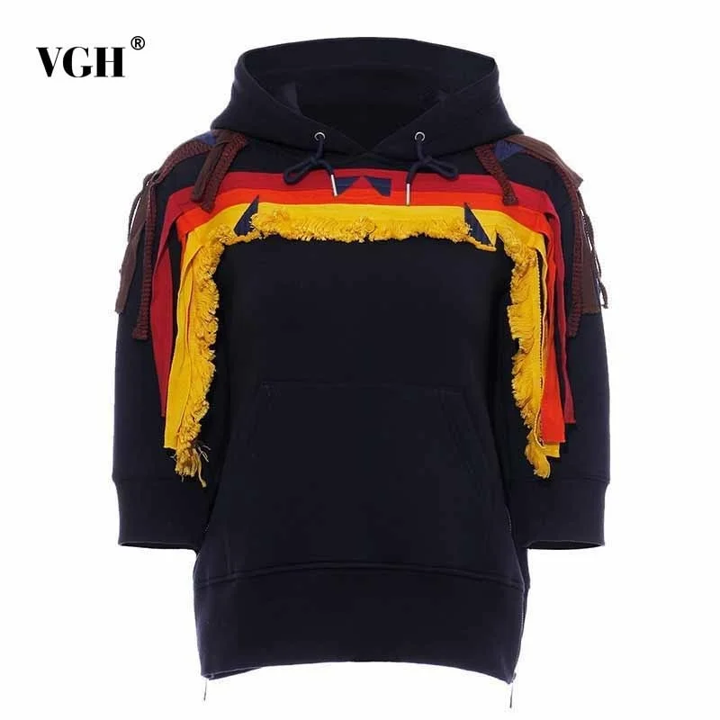

VGH Casual Print Patchwork Tassel Hooded Collar Sweatshirts Women Side Zipper Split Pullovers Female Fashion 2022 Autumn Clothes