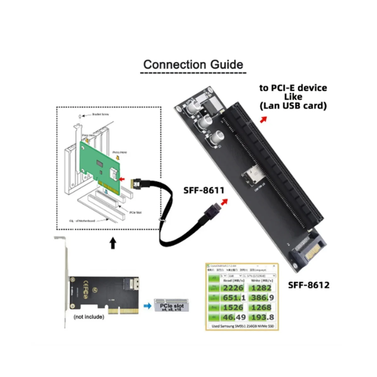 Переходник PCIe на телефон Oculink SFF-8611 to PCI-Express 16X 4X адаптер с портом питания SATA для