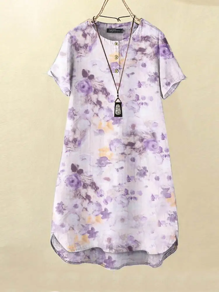 

Мини-платье ZANZEA женское с цветочным принтом, Повседневная рубашка с коротким рукавом, круглым вырезом, с карманами, в винтажном стиле, большие размеры, лето 2023