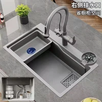 large single slot wash basin kitchen sink 304 stainless steel gun gray multi function basin side drain kitchen accessories
