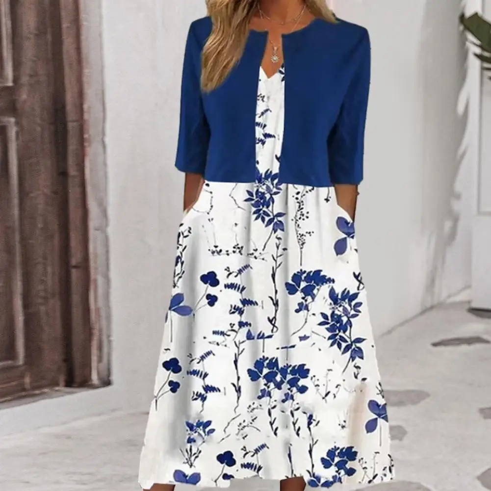 

V-neck Long Dress Short Coat Set Chic Women's Floral Print Midi Dress Cardigan Set Elegant V-neck A-line Outfit with Half Sleeve