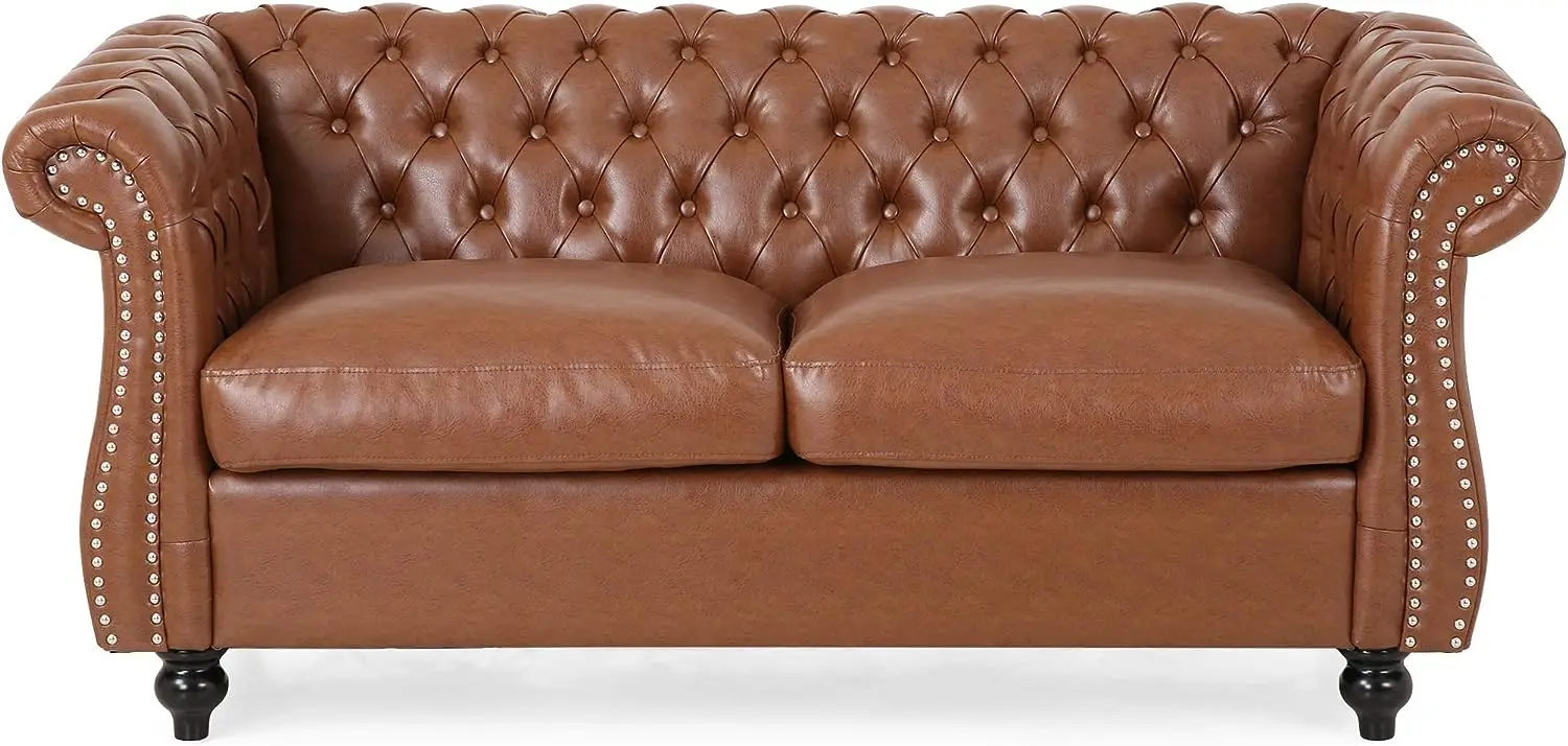 

Traditional Chesterfield Loveseat, Cognac Brown, Dark Brown