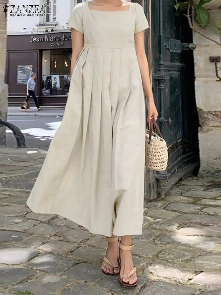 

Элегантное женское платье ZANZEA 2023 с квадратным вырезом, летний однотонный плиссированный сарафан с коротким рукавом, женское платье, праздничный кафтан, повседневный Халат