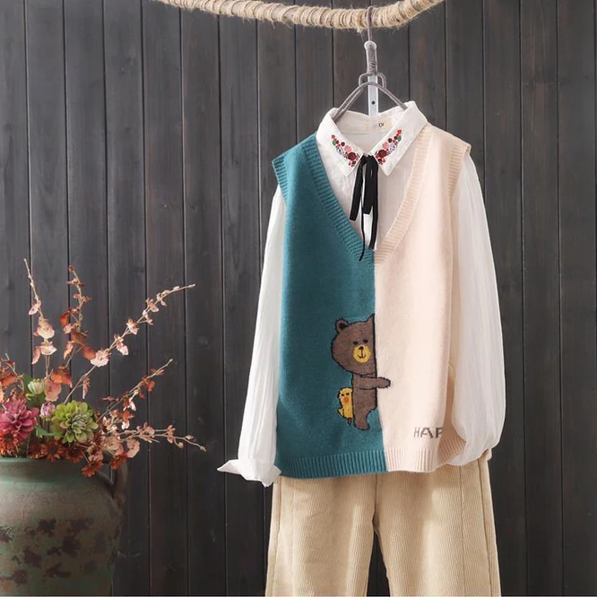 

Cartoon Leisure Fashion Knit Autumn Spring Women V-neck Sleeveless Sweater Vest Loose Outcoat Student Lady Top Cloth for girl