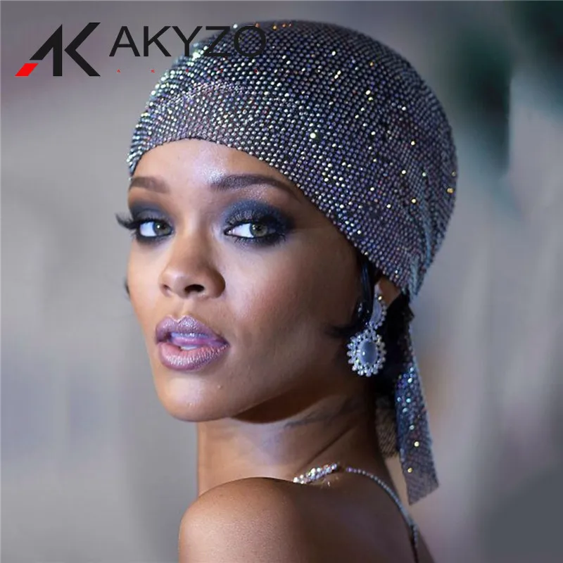 

Fashion Women Bandanas Bling Rhinestone Head Scarf Turban Hat Headband Crystal Mesh Cap Hair Snood Nets Headpiece Headwear