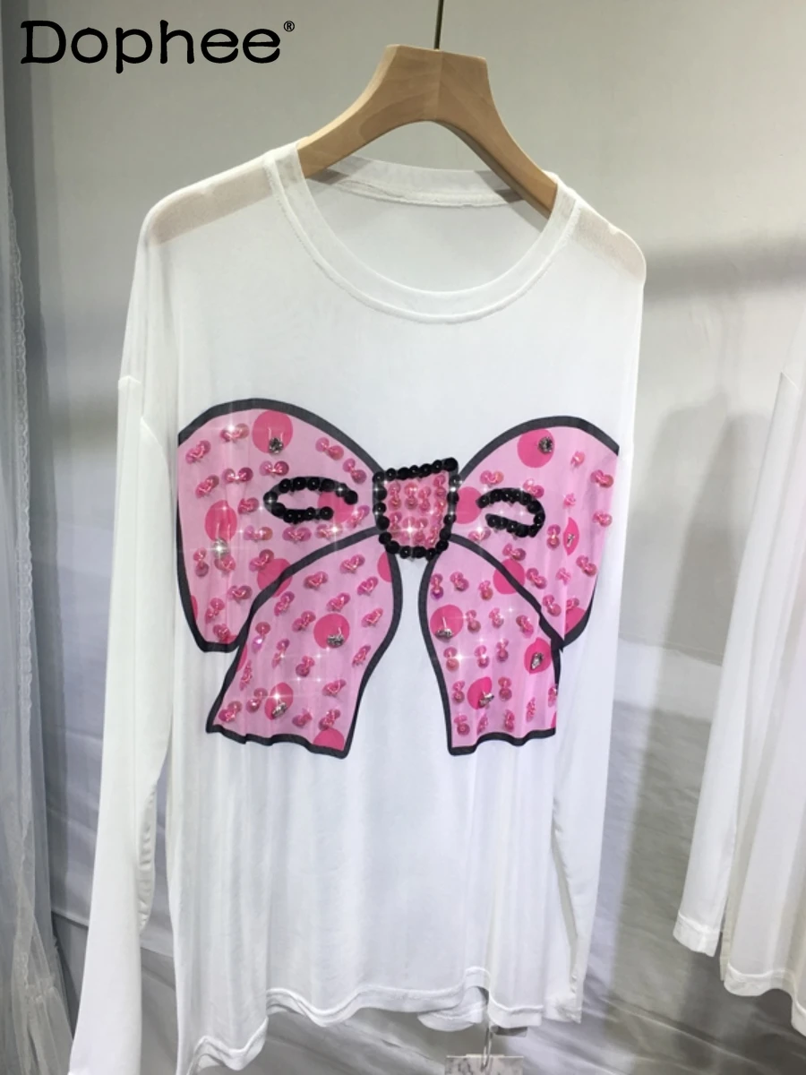 

Heavy Industry Beads Bow Sun Protection Shirt Women Fashion Loose Slimming White Round Neck T-shirt Top Lady 2022 Summer Clothes