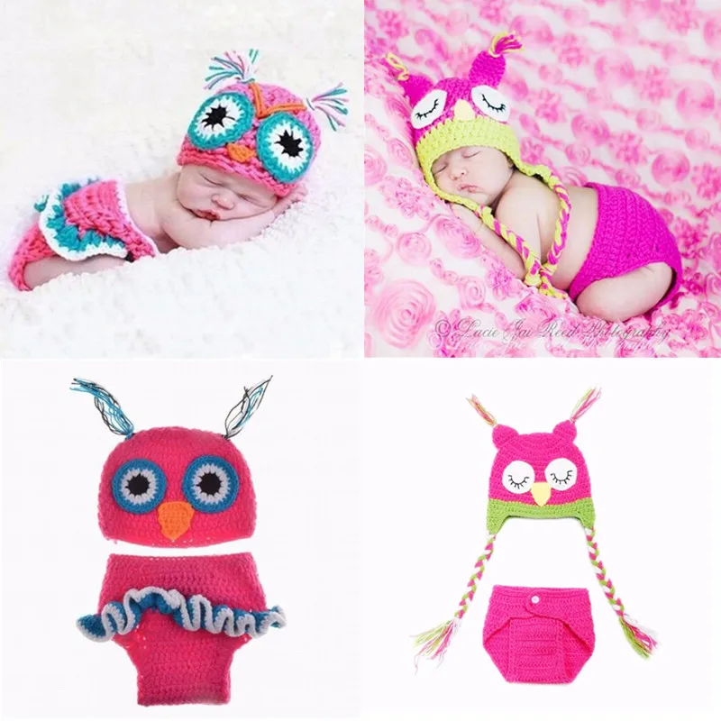 

2Pcs/Set Handmade Knitted Animal Photography Props Newborn Owl Photo Clothing Hat+Diaper Cover Suit