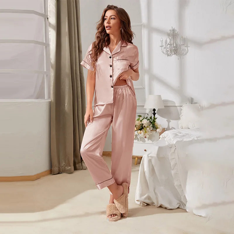 Women Short-Sleeve Pajamas Set For Summer Plain Color Silk Satin Pyjamas Set Button Closure Sleewear Sleeping Clothing For Women