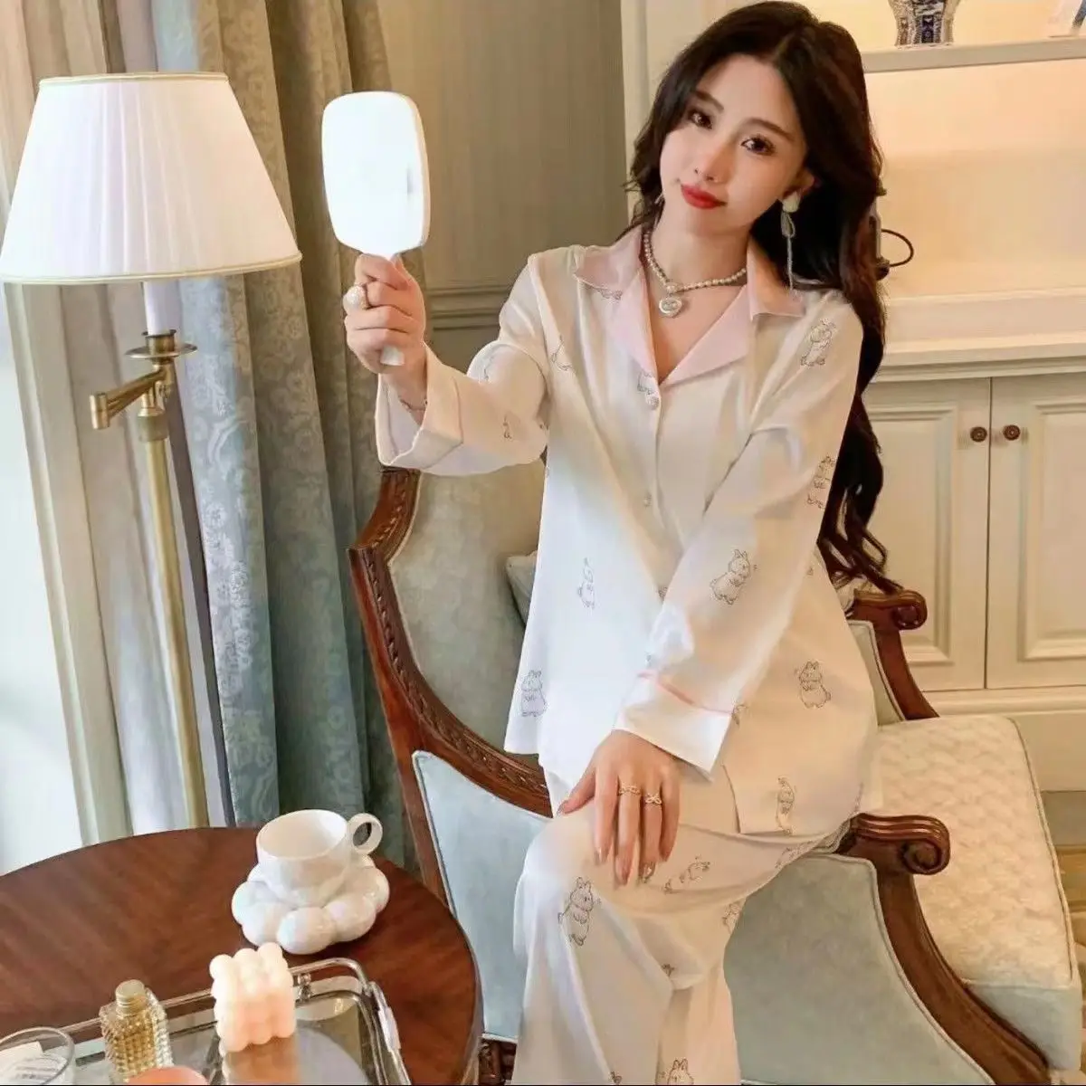 Ice silk pajamas, Ms. Summer new long-sleeved pants sexy women in the spring and autumn silk two-piece household to take