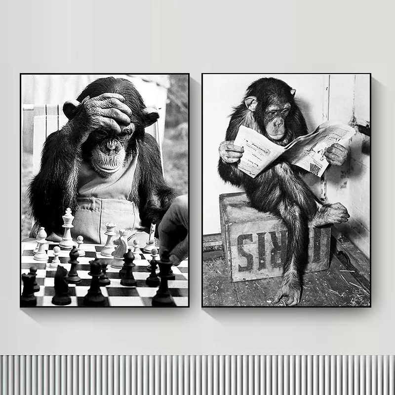 

Funny Monkey Play Chess Read Newspaper Canvas Paintings Black White Wall Art Posters And Prints Picture For Linving Room Decor