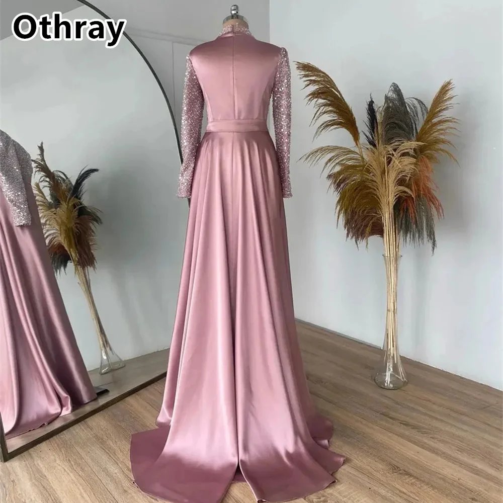 Othray мусульманское розовое блестящее вечернее платье с вырезом горловины длинным