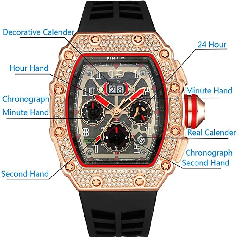 

PINTIME Sport Men's Watches Waterproof 30m Chronograph Quartz Wristwatch Luxury Iced Out Diamond Case Luminous Calendar Clock