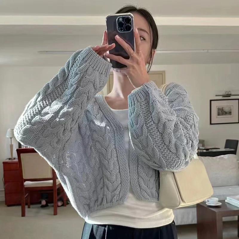 

Clothland Women Elegant Knitting Cardigan Open Stitch Long Sleeve Baby Blue White Sweater Cute Jacket Coat HA393