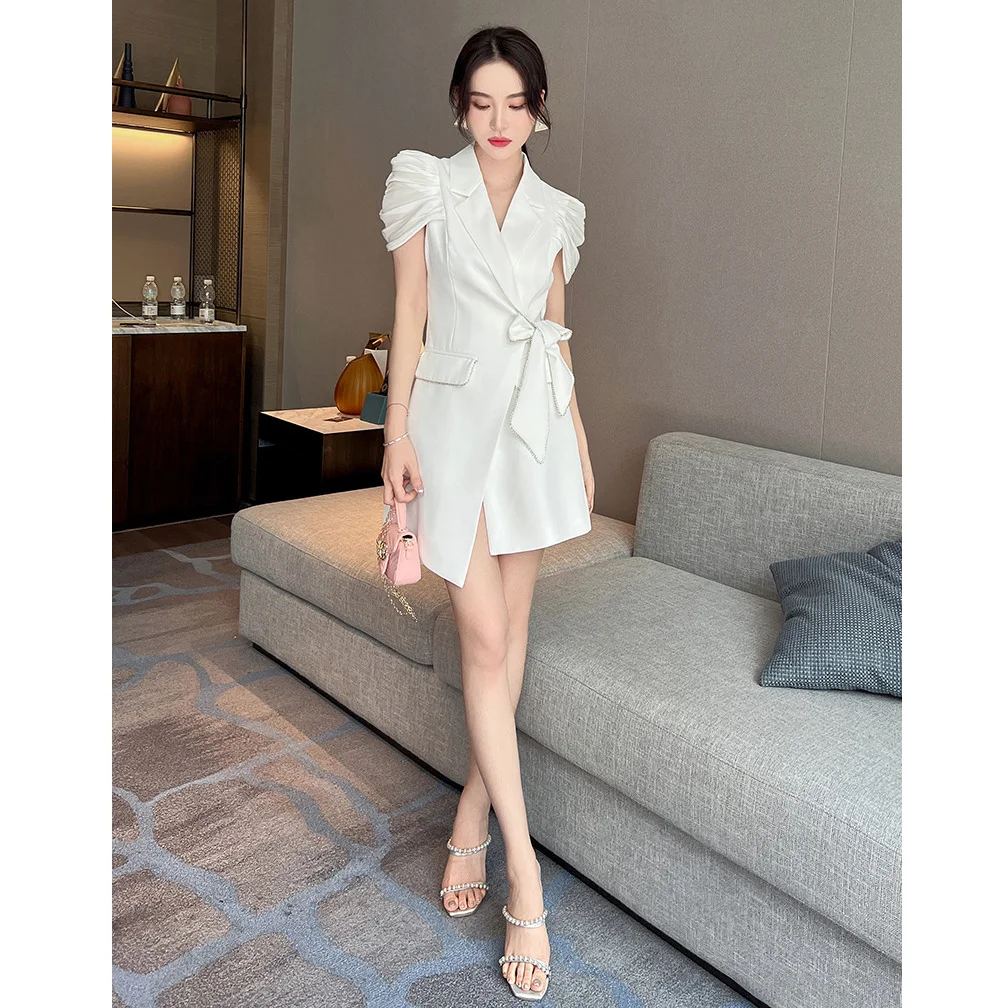 Sleeve Short French White Waist Lace Up A-line Irregular Dress 2023 Summer New Women's Dresses