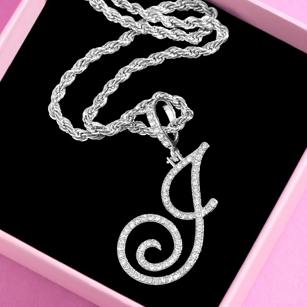 

New Stainless Steel Rope Chain Cursive Letter Pendant Necklace For Women Iced Out Crystal Initial Alphabet Necklace Punk Jewelry