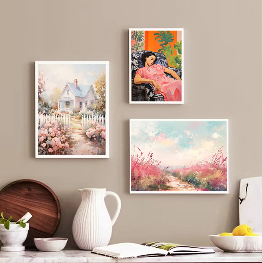 Картина на холсте с изображением колеса обозрения розового поезда пасторального