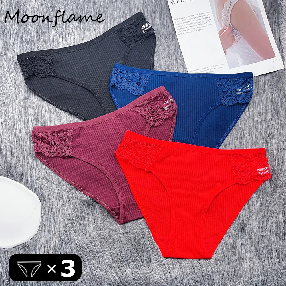 Moonflame 3 шт./компл. хлопковое нижнее белье в полоску женские кружевные трусики