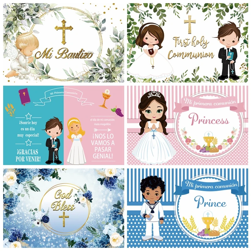 

Boy Girl My First Communion Backdrops For Photography Baby Baptism God Bless Photocall Photographic Background Kids Photo Studio