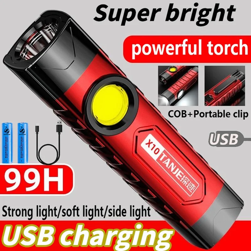 

Portable LED Flashlight Mini COB Work Light USB Rechargeable 18650 Camping Torch with Clip 3 Modes Powerful Fishing Lantern