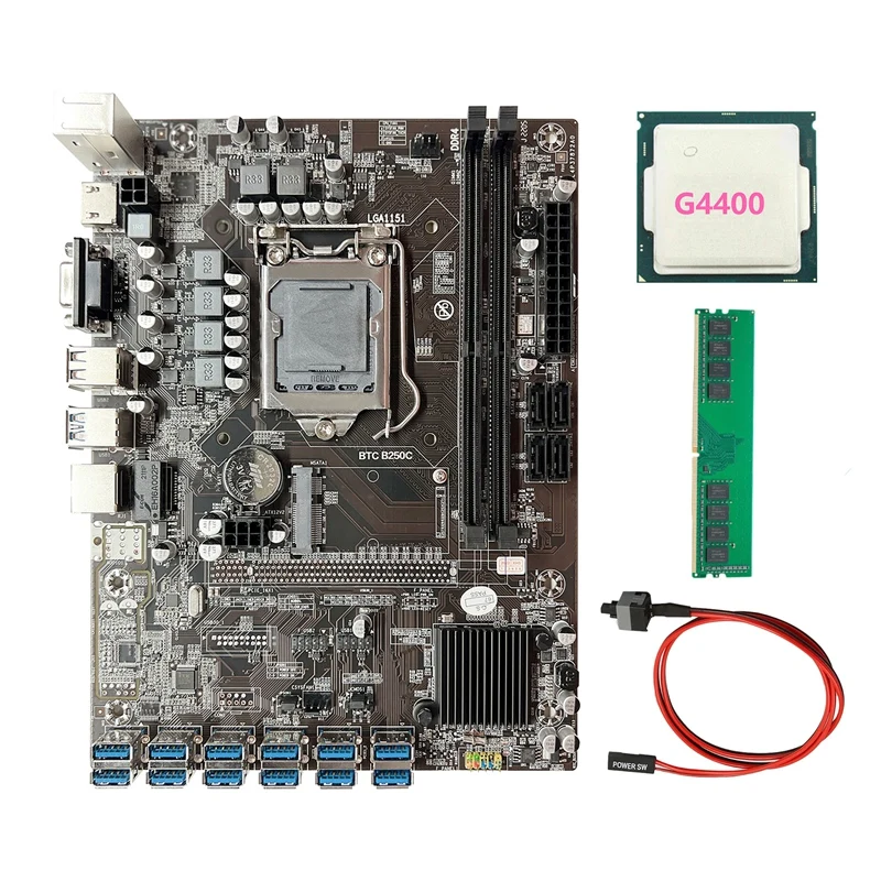B250C 12P Motherboard Is Suitable For LGA1151 12 USB3.0 PCIE GPU Slot+G4400 CPU+DDR4 4G 2666MHZ Memory+Switch Cable
