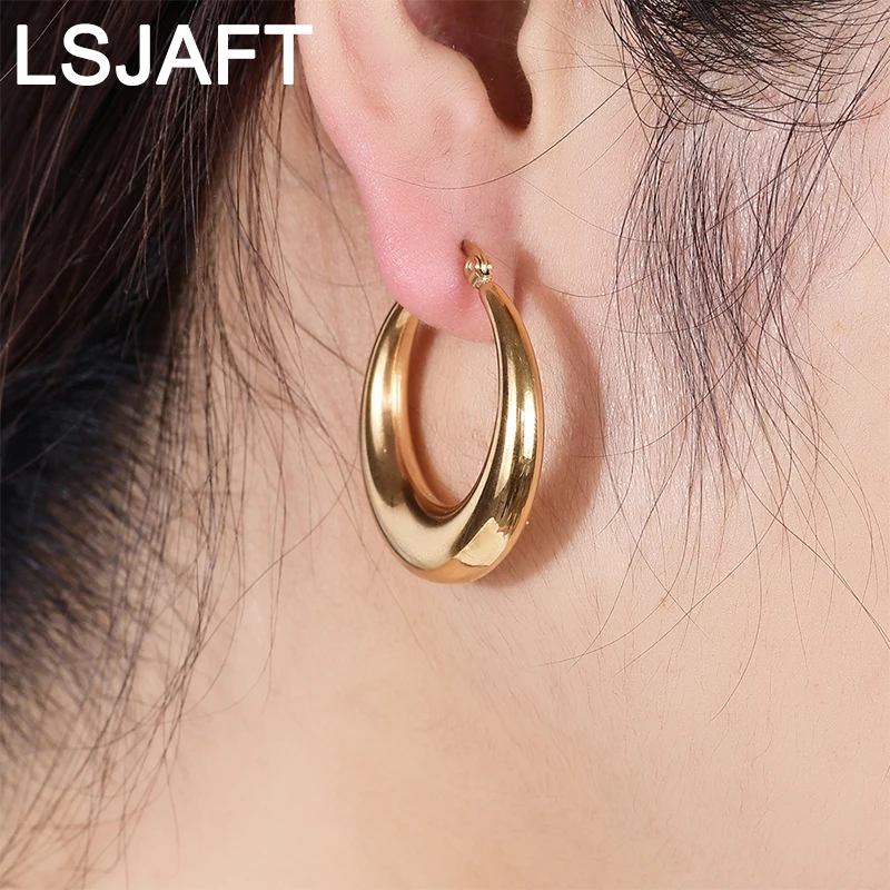 

Ins Fashion Gold Plated Stainless Steel Chunky Hoop Earrings Women Girls Thick C Shaped Earrings Jewelry Gift Party Wedding