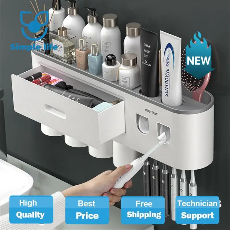 

MENGNI-Magnetic Adsorption Inverted Toothbrush Holder Wall -Automatic Toothpaste Squeezer Storage Rack Bathroom Accessories