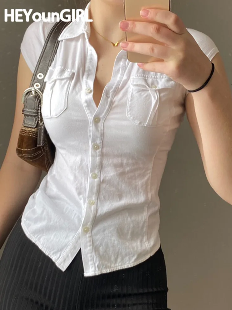 

HEYounGIRL Повседневный базовый женский элегантный укороченный топ уличная мода на пуговицах летняя белая футболка облегающая Офисная Женская ...