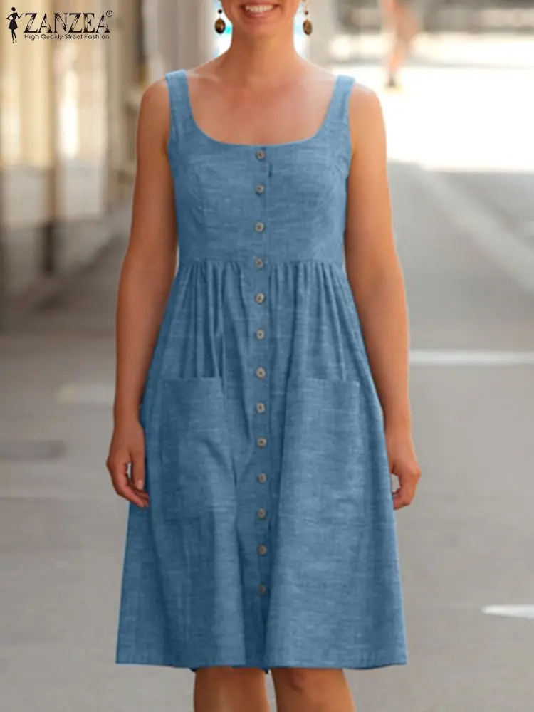 

ZANZEA Fashion Sleeveless Sundress Summer ElegantTank Dress Woman O-Neck Solid Color Dresses Female Mid-Calf Length Robe 2023