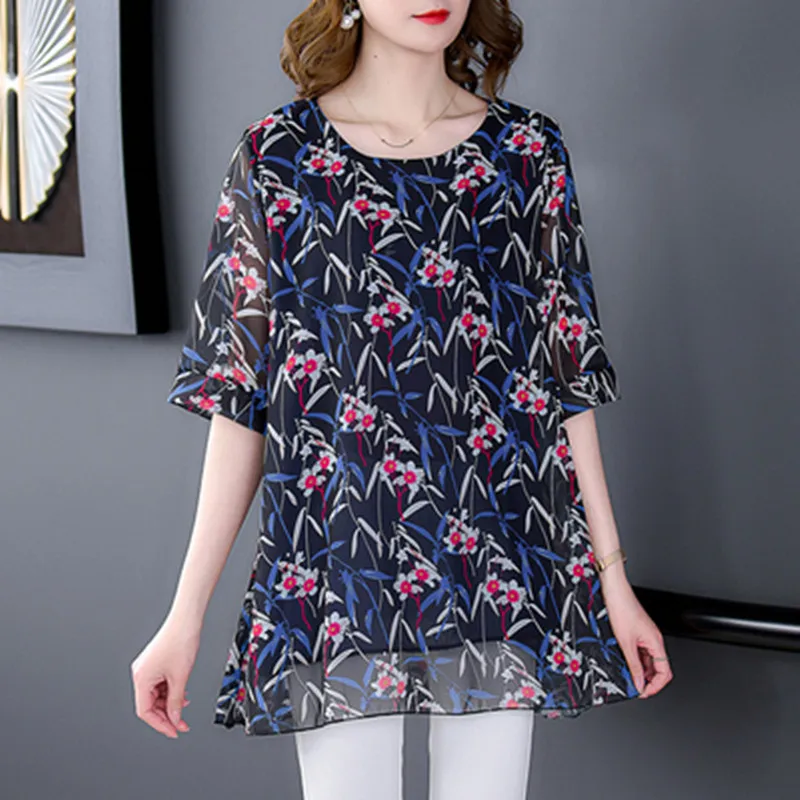 

Middle-aged Fat Mom Ladies Summer Dress Large Size Mid-length Floral Chiffon Shirt Half-sleeve Loose Casual Top