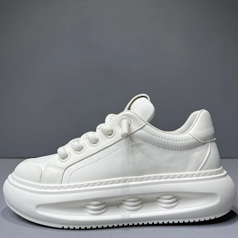 

European Trendy Brand Design Men Increasesd Shoes Genuine Leather Thick Soled Sports White Shoes Comfortable Bread Shoes for Men