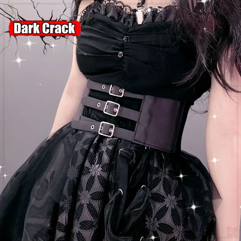 Women's Harajuku Lolita Girl PU Leather Button NeedleBuckle Wide Waistband VersatileY2K Chain Metal Punk Gothic Style Belt