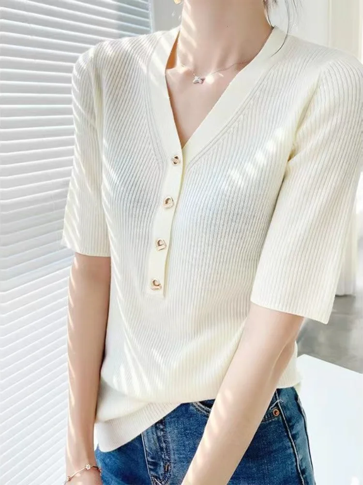 

Women's Short Sleeve T-shirt V-neck Solid Slim High Strecth Women's T-shirts Summer 2023 Button Knitted Fashion Women's T-shirt