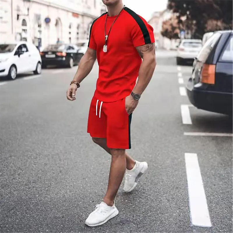 Clothes for Men T-shirt Suits 2023 Summer Hot Sales Round Neck  Solid Color Stripe Short Sleeved Top And Beach Pants 2-Piece Set