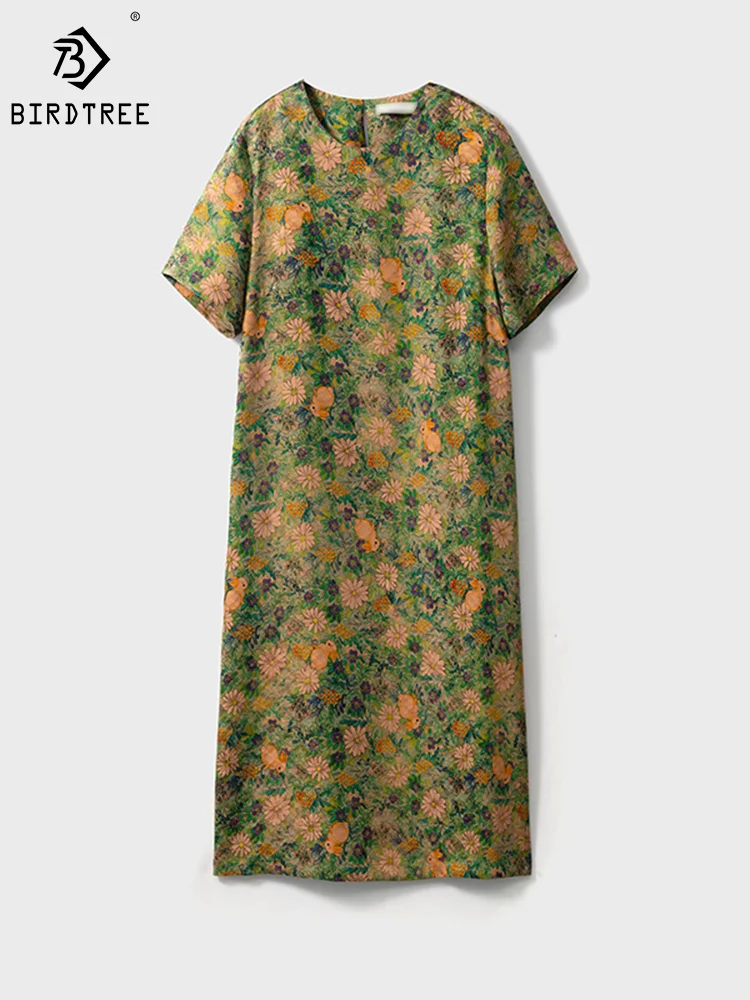 

Birdtree 100%Pure Silk Watered Gauze Dress Women Crew Collar Flower Print Loose Fashion High End Midi Dress Summer New D37902QM