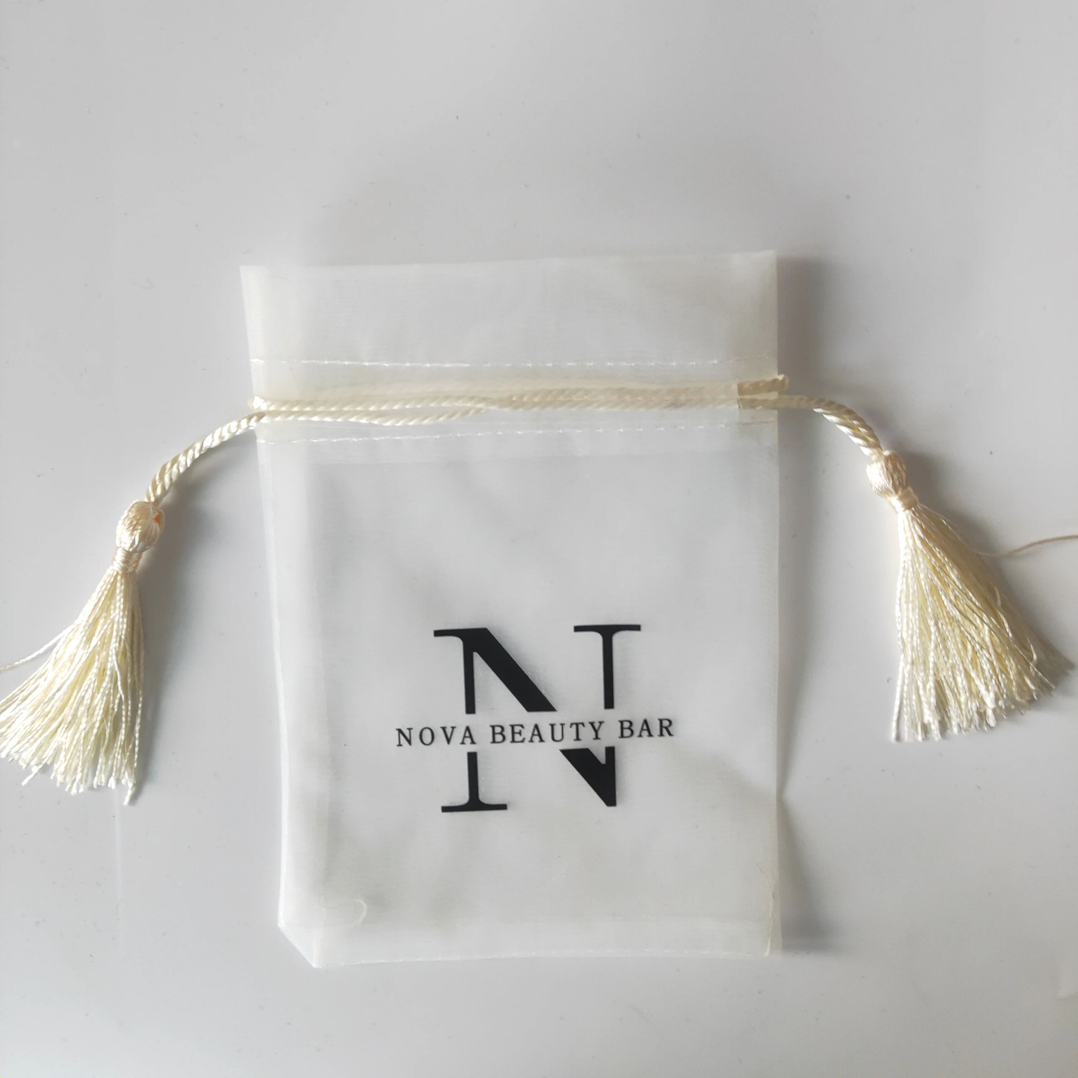 50pcs10*15CM Customized print your logo beige jewelry Cosmetic organza bag with tassel package small pouches