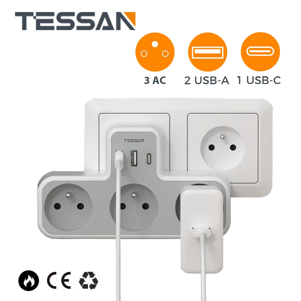 Сетевой удлинитель TESSAN 6 в 1 с 3 французскими розетками и USB-портами