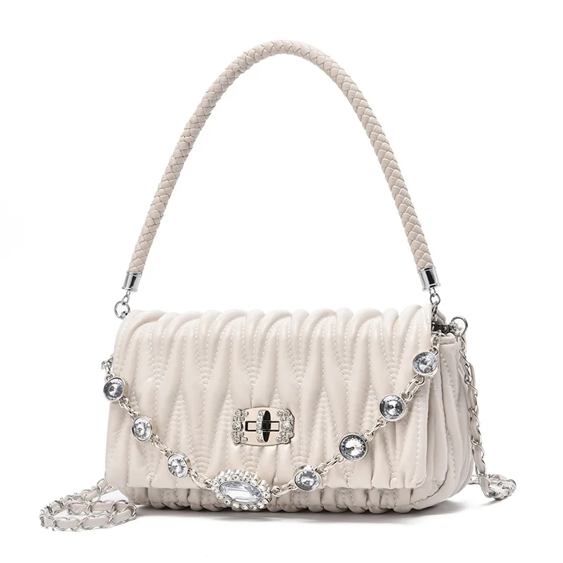 New Fashion Ladies Shoulder Bag Chain Pleated with Diamonds Small Bag for Women Luxury Designer Brand