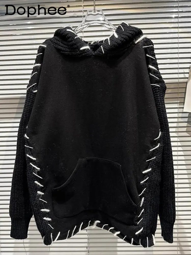 

Fashion Patchwork Contrast Color Hooded Sweatershirt Women's Loose Trend Long Sleeve Knitted Pullover 2022 Autumn
