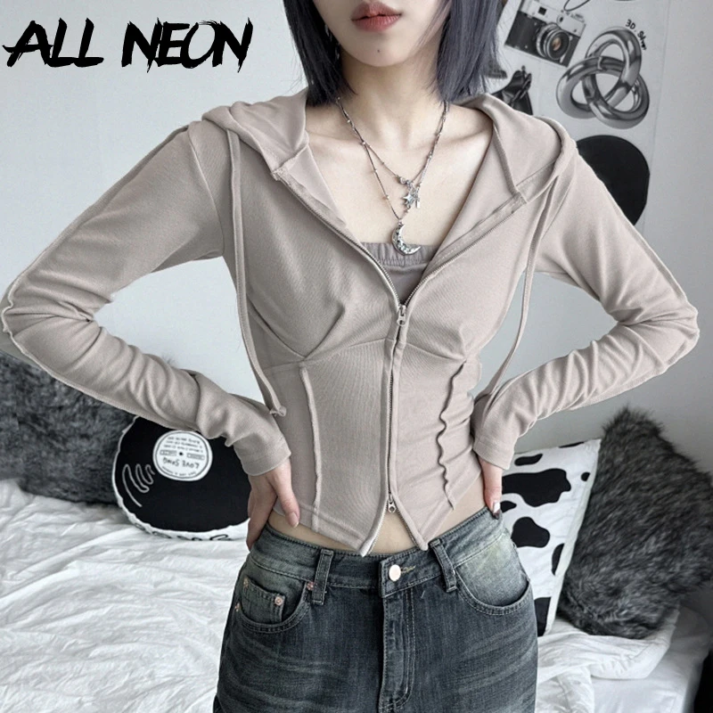 

ALLNeon Y2K Aesthetic Double Zip Up Cropped Hoodies Casual Basic Street Cardigan Thin Coat 2000s Women Slim Hooded Sweatshirt