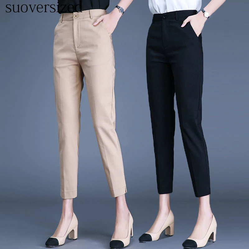 

Новые корейские женские брюки-карандаш, Костюмные Капри для женщин, рабочая одежда, черные облегающие укороченные брюки с высокой талией, б...