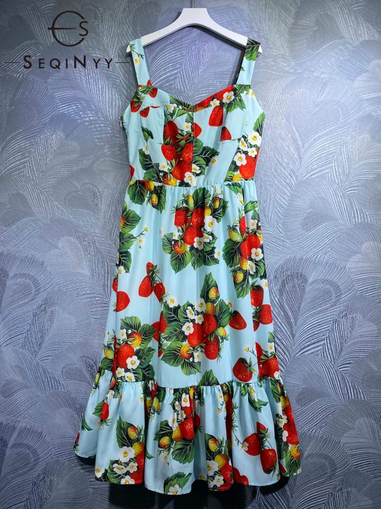 

SEQINYY Sicily Midi Dress Summer Spring New Fashion Design Women Runway Strawberry Vintage Flowers Print High Street Strapless