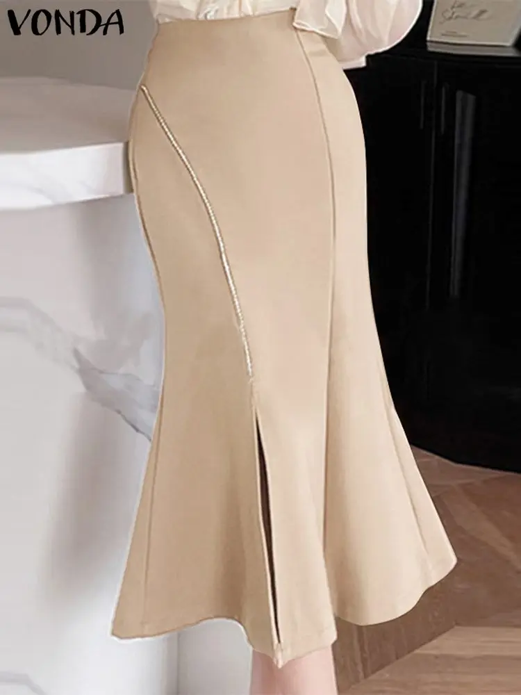 

VONDA Sexy Skirt 2023 Autumn High Waist Elegant Hip Slit Midi Skirts Women Casual Fashion Solid Color Skirt Streetwear Femme