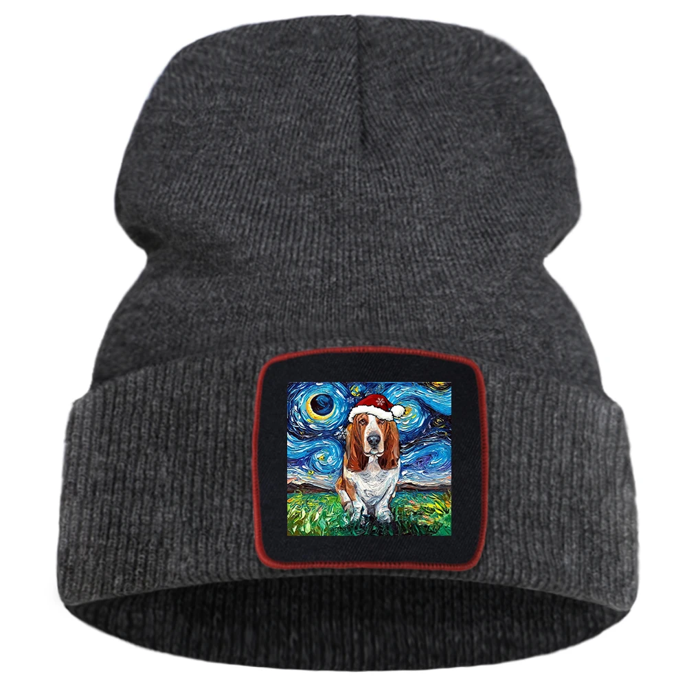 

Basset Hound Santa Starry Sky Oil Painting Print Unisex Hats Hair Care Cotton Beanie Creativity Autumn Winter Male Knitted Caps