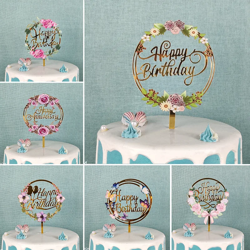 

Flowers Cake Topper Happy Birthday Gold Birthday Party Cake Insert Acrylic Cake Decoration Wedding Cakes Dessert Decor