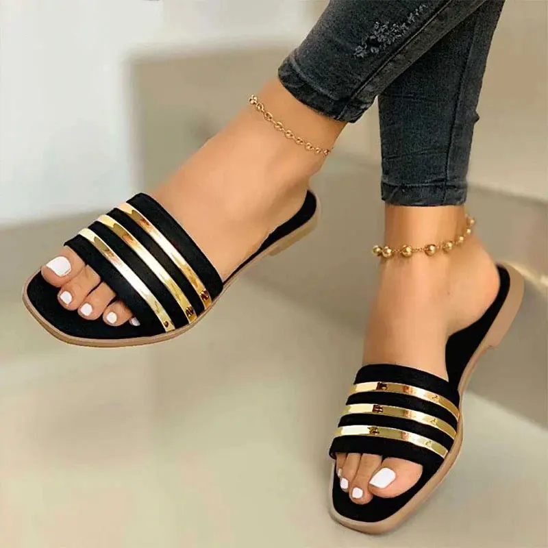 

Comemore 2022 Trends Metal Slide Slippers Women Summer Flat Shoes Fashion Slip on Slides Outdoor Female Casual Women's Sandals