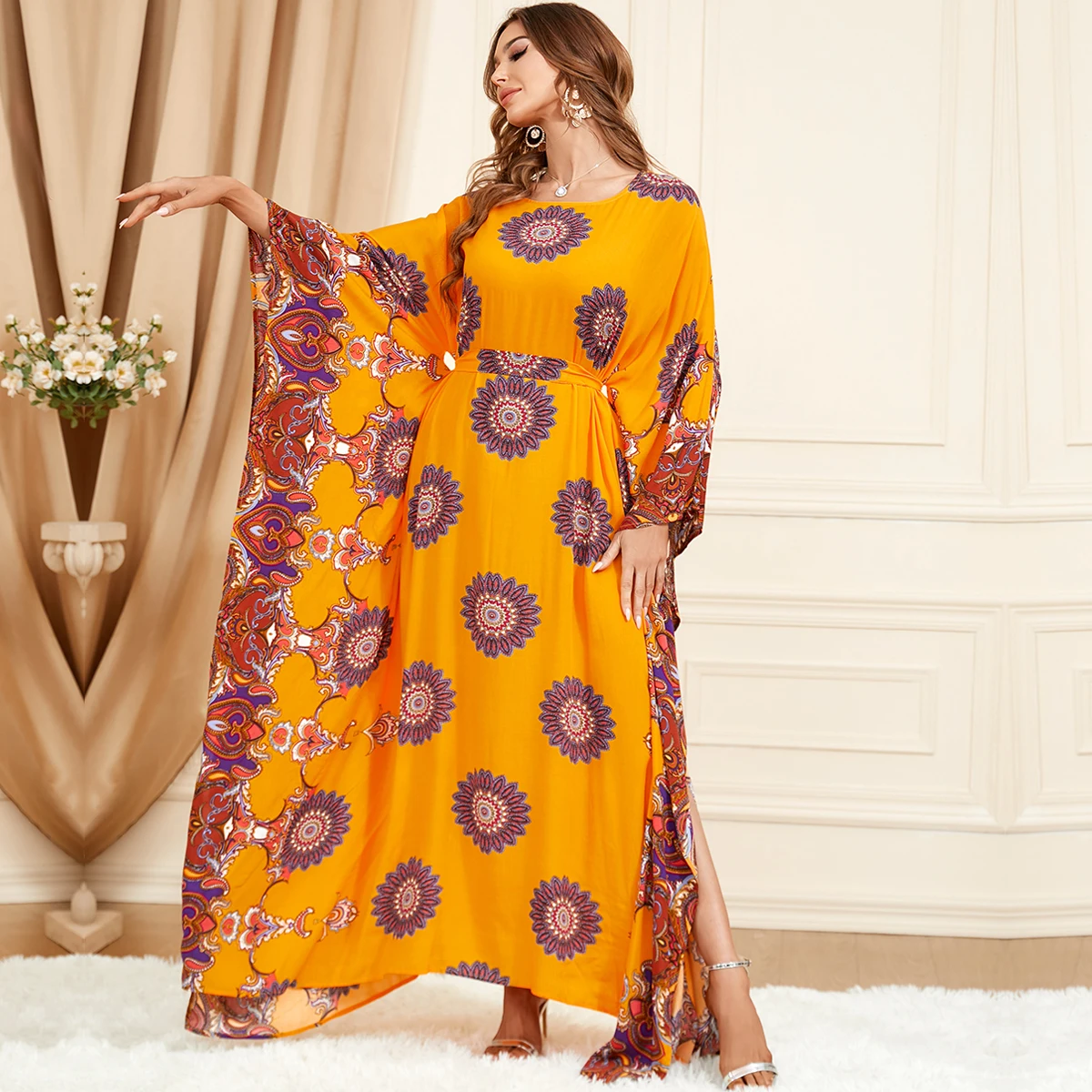 BNSQ Summer Bat Sleeve Muslim Dress For Women Abaya Floral Pattern With Belt Moroccan Turkey African Caftan