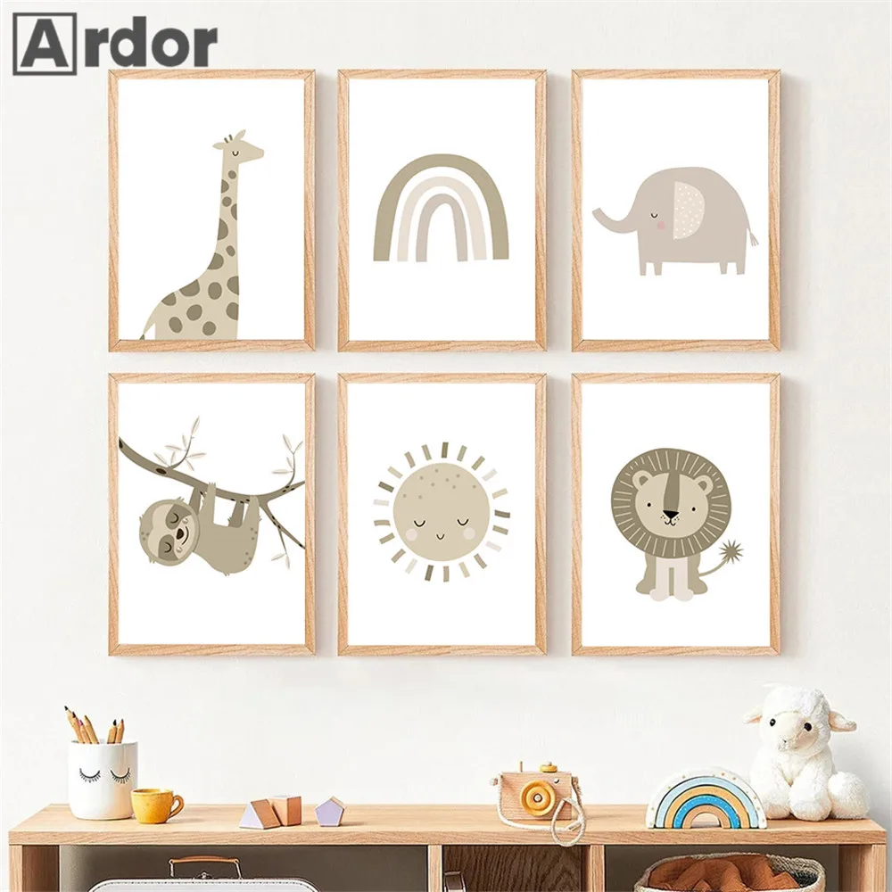 

Cute Giraffe Elephant Wall Posters Rainbow Canvas Painting Lion Poster Nursery Art Prints Nordic Wall Pictures Kids Room Decor