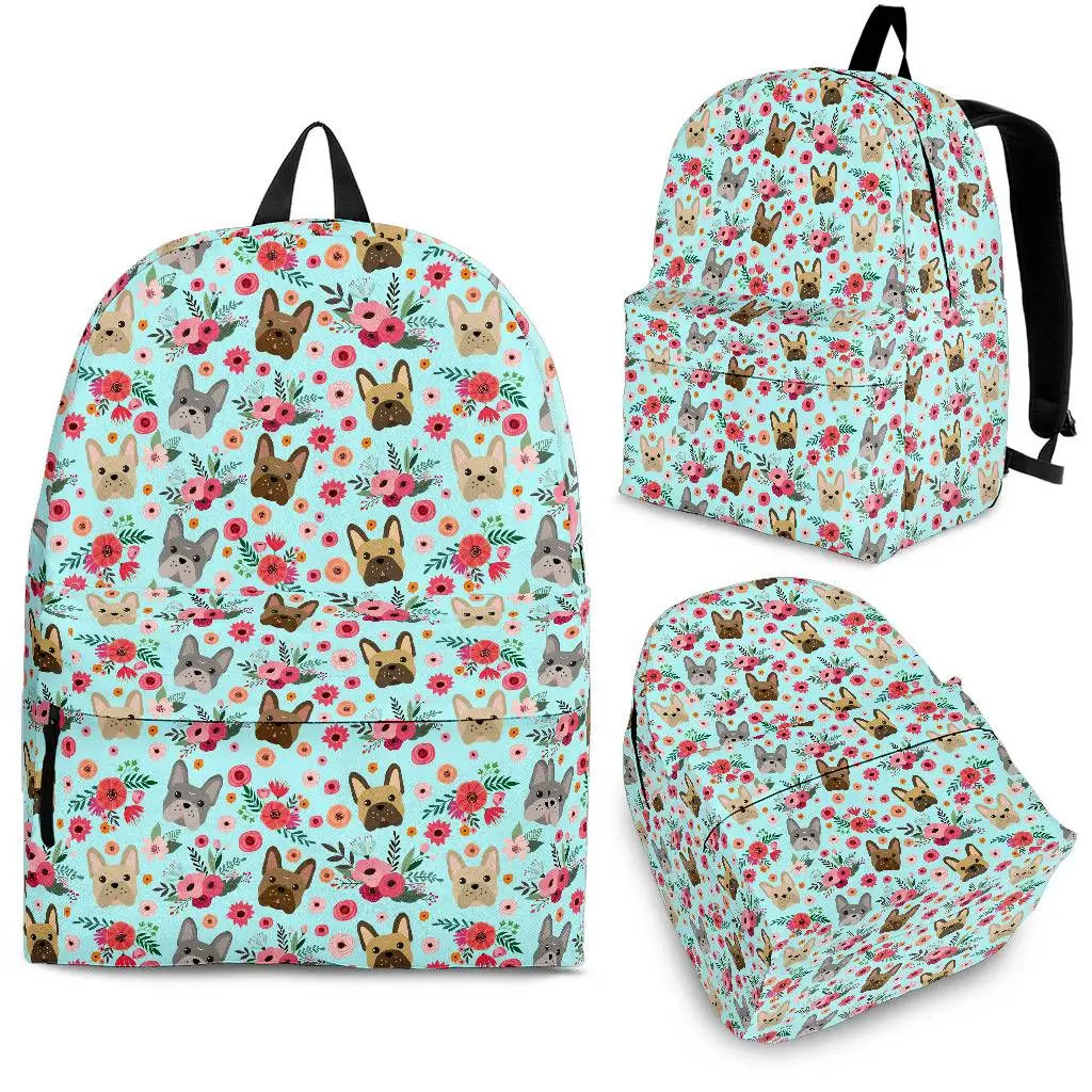 

YIKELUO Pop Cartoon French Bulldog Lotus Flower Backpack Adjustable Shoulder Strap Pet Dog Bag Blue Leisure Travel Knapsack